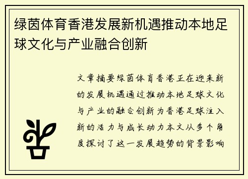 绿茵体育香港发展新机遇推动本地足球文化与产业融合创新