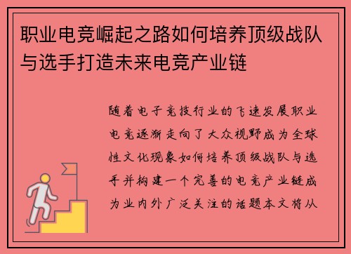 职业电竞崛起之路如何培养顶级战队与选手打造未来电竞产业链 职业电竞崛起之路如何培养顶级战队与选手打造未来电竞产业链