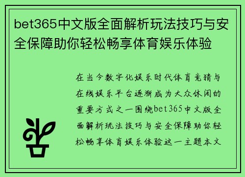 bet365中文版全面解析玩法技巧与安全保障助你轻松畅享体育娱乐体验